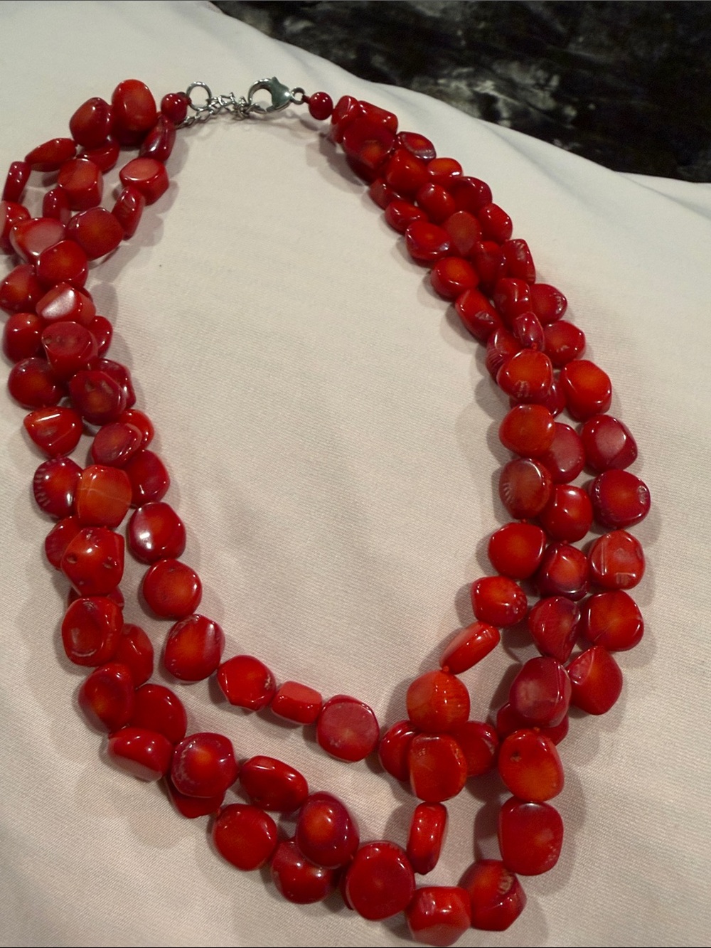 Bold 925 Silver Red Three-Strand Beaded Necklace by
